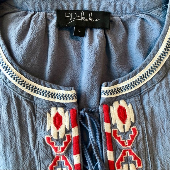 Anthropologie RD & Koko Oversize Blue Embroidered Blouse Jacket, Size L P2P 24” - Picture 6 of 6